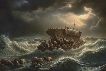 Artwork of Noah's Ark in a stormy sea. Generative AI
