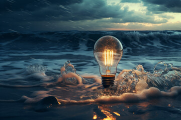 Ideas imagination of light bulb on sea and waves in background of dark sky. Business concept suitable for success and entrepreneurship. - obrazy, fototapety, plakaty