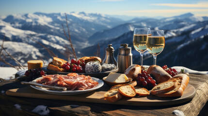 Picnic breakfast in the Alps with cheese, ham, bread and white wine. - obrazy, fototapety, plakaty