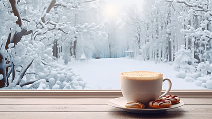 雪の風景を眺めながら温かいコーヒーを飲む - obrazy, fototapety, plakaty