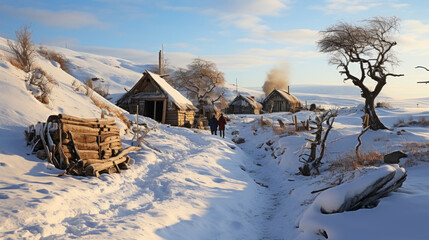 Abandoned village in winter, Carpathian mountains, Romania.