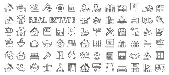 Set of Real estate icons in line design. House, key, realtor, construction, building, location, contract, mortgage, agency, house search, house insurance icons isolated on while background vector