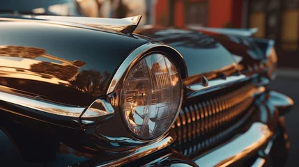 Zelfklevend Fotobehang Closeup of custom built vintage looking automobile hot rod gas guzzler with shiny chrome fenders and bumper guards polished to reflective perfection, preserving the look of a cherished car era gone by © SoulMyst
