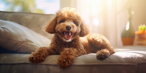 Happy brown poodle dog lying on a cozy sofa in a living room, natural sunlight
