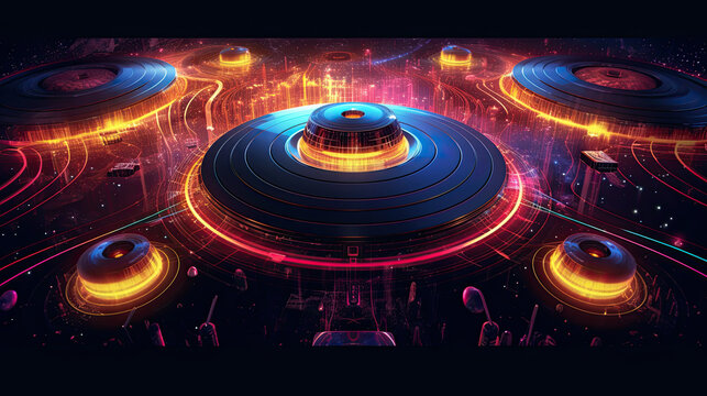 DJ console cd mp4 deejay mixing desk house music party in nightclub with colored disco lights.