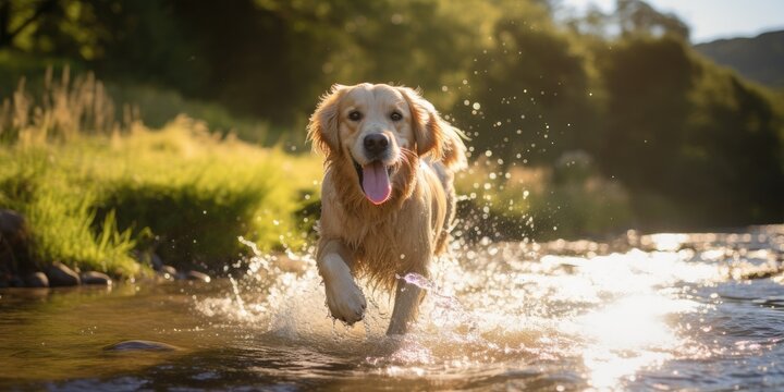 Happy golden retriever dog is running through the water in nature on a sunny day - Powered by Adobe