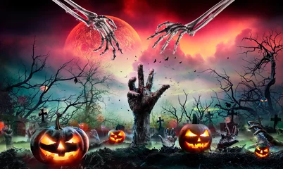 Foto op Plexiglas Zombie Hand Rising Out Of A Cemetery In Spooky Night At Red Moonlight - Contain Moon 3D Rendering © Romolo Tavani
