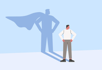 Businessman and superhero shadow. Vector illustration of business symbol of ambition, success, motivation, leadership.