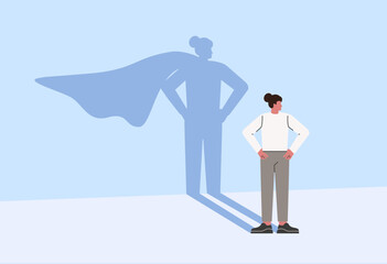 Businesswoman with superhero shadow. Vector illustration of business symbol of ambition, success, motivation, leadership.