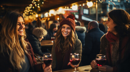 Group of female friends having fun on a Christmas market, drinking red wine. - obrazy, fototapety, plakaty