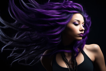 Woman with purple hair is posing for picture.