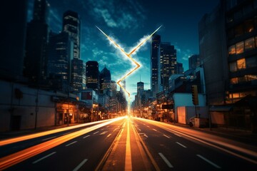 Fototapeta na wymiar A glowing angled arrow against a fuzzy cityscape; symbolizing progress and success. Generative AI