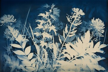 Cyanotype print on paper featuring floral design made using sun exposure. Generative AI