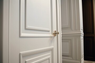Close-up view of a modern white door in a room. Stylish, contemporary interior. Manufacture and sale of interior doors. Generative AI