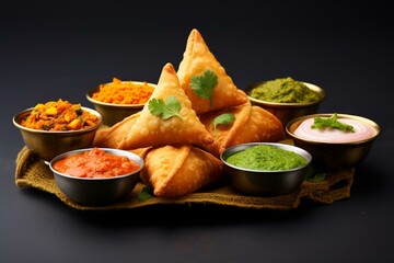 Assortment of vegetarian Indian snacks: samosa, pav bhaji, pakode. Banner with space for fast food. Generative AI