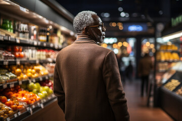 Obraz premium Attractive man in casual clothes looking at goodies in grocery store.