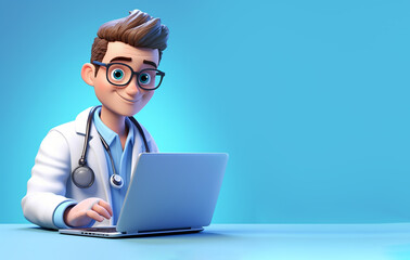3D smiling doctor with laptop on blue background close-up. Generative Ai