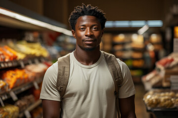 African male shopper in a grocery store in a shopping mall - obrazy, fototapety, plakaty