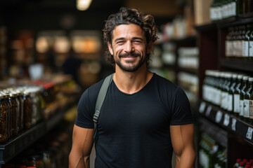 Fototapeta premium Caucasian male shopper in a grocery store in a shopping mall