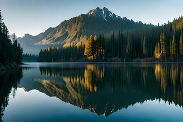 a tranquil lakeside forest with a reflection of towering pine trees in the water - obrazy, fototapety, plakaty