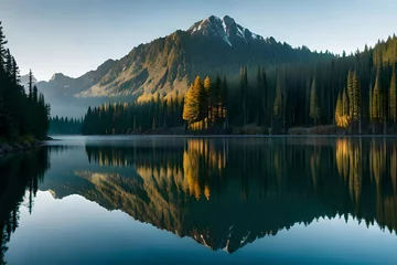 Foto op Canvas a tranquil lakeside forest with a reflection of towering pine trees in the water © Kimbery
