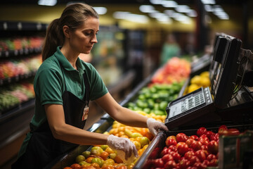 Caucasian woman seller stands behind the cash register of a grocery hypermarket.