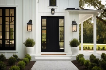 Exterior: contemporary farmhouse front entrance with vertical white siding, black door, columns, and sconce lights. Generative AI - obrazy, fototapety, plakaty