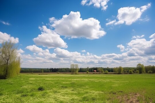 Idyllic rural landscape with blue skies and fluffy white clouds. Generative AI