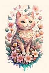 Fototapeta premium painting of a colorful cat with blue eyes psychedelic art made of flowers digital illustration color Generative AI