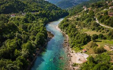 Aerial drone view of valley of the Drina river in Bosnia and Herzegovina in sunny weather. 