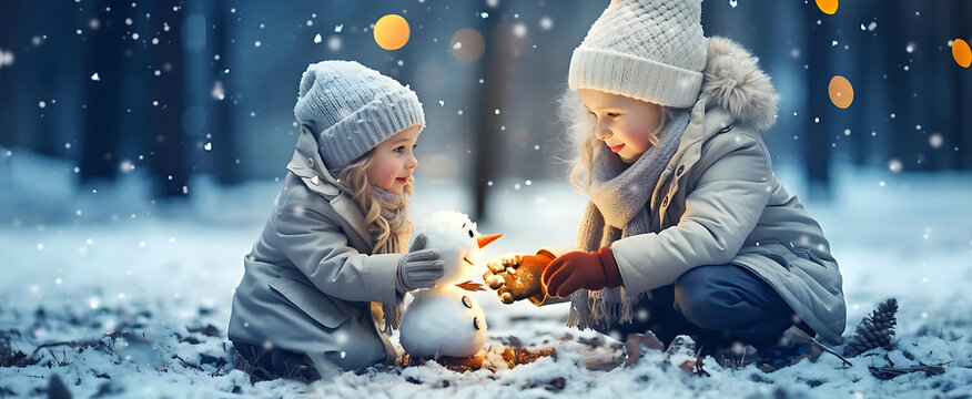 Cute Children Building A Snowman In Park At Twilight. Kids Playing On Snow In Winter