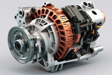 Exploded view of car alternator, white background, 3D illustration. Generative AI