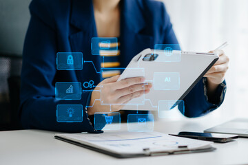 Digital marketing media in virtual screen.businesswoman hand working with mobile phone and modern...