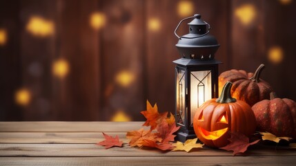 Halloween pumpkin with lantern on wooden background