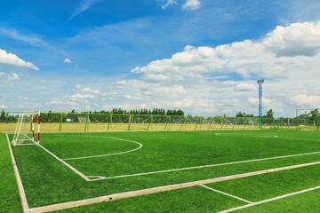 Artificial grass football field background. White lines. Grass football field. Football lines.