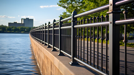 Obraz premium Black Metal Fence on a Sunny Street Along the Embankment
