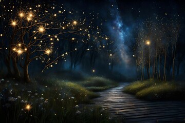 mesmerizing tableau where graceful fireflies weave their luminescent trails under the starlit night, leaving you spellbound