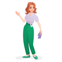 Vector isolated female tour guide, business lady shows something. Illustration of a character on a white background.