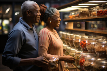 Obraz premium Man and woman are choosing food for dinner in a supermarket