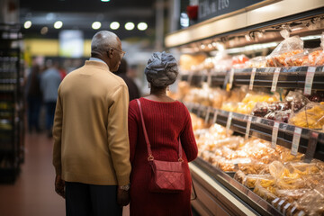 Man and woman are choosing food for dinner in a supermarket