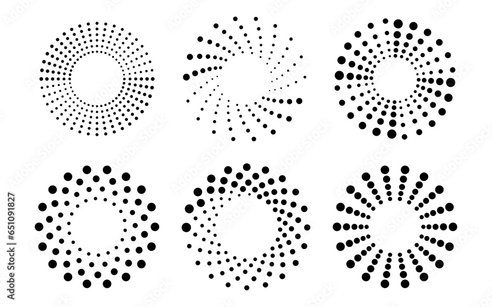 Poster radial swirl halftone element. round dotted spiral vortex logo. halftone concentric circles icons. s