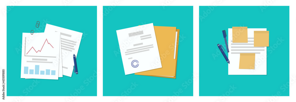 Poster office documents with folder in a flat design. set of checklist document icons in a flat design. aud