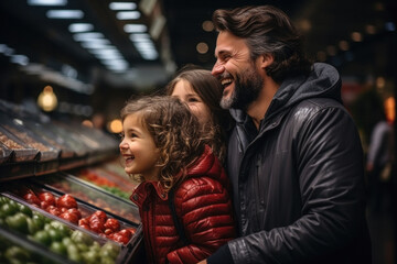Family with dad and little daughret shopping in a grocery store