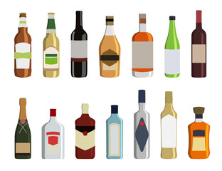Alcohol drinks bottle icons in a flat design. Alcoholic beverages in bottles. Alcohol bottle icons isolated - obrazy, fototapety, plakaty