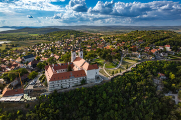 Tihany, Hungary - Aerial panoramic view of the Benedictine Monastery of Tihany with Lake Belso