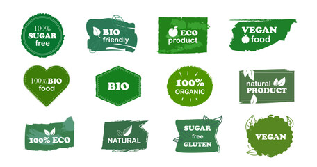 Natural, organic, eco, fresh, bio food product green badge in grunge brush and recycle arrow. Set of green grunge texture for product