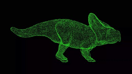 3D dinosaur Protoceratops on black background. Object made of shimmering particles. Wild animals concept. For title, text, presentation. 3d animation.