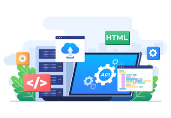 Application Programming Interface concept, API provides the interface for communication between applications, Software development tool, Internet and networking, simplifying application integration 