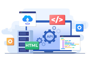 Application Programming Interface concept, API provides the interface for communication between applications, Software development tool, Internet and networking, simplifying application integration  - obrazy, fototapety, plakaty