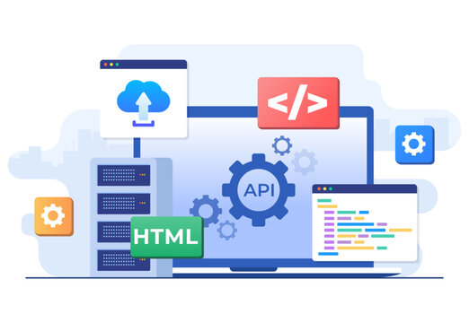 Application Programming Interface concept, API provides the interface for communication between applications, Software development tool, Internet and networking, simplifying application integration 